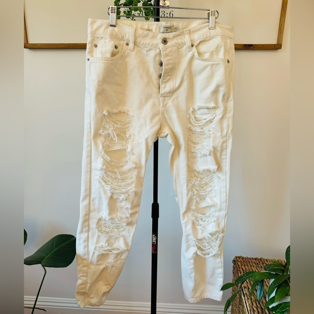 TOPMAN white distressed tapered jeans